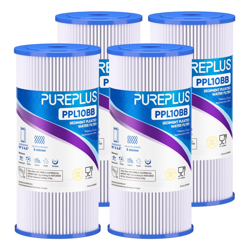 Pure Plus PUREPLUS 5 Micron 10" x 4.5" Whole House Pleated Sediment Filter for Well Water, Replacement Cartridge for GE FXHSC, Culligan R50-BBSA, Pentek R50-BB, DuPont WFHDC3001, W50PEHD, GXWH40L, 4Pack - Image 1